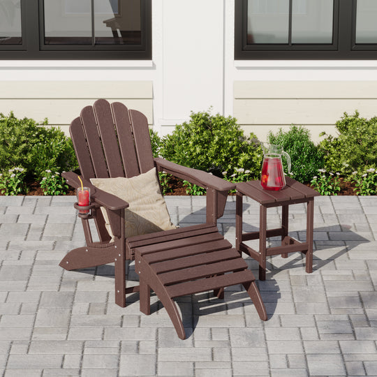 Highland 3-Piece Adirondack Chair with Cup Holder and Folding Ottoman and Table Set