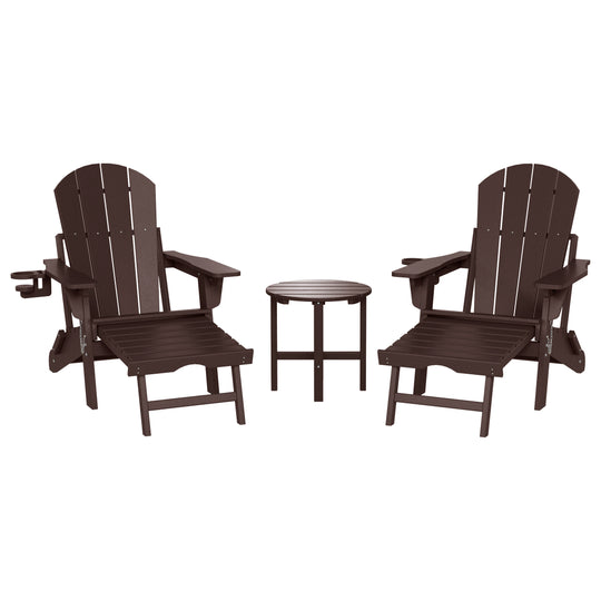 Malibu 3-Piece Outdoor Folding Adjustable Adirondack Chair with Cup Holder & Hideaway Ottoman and 18" Side Table