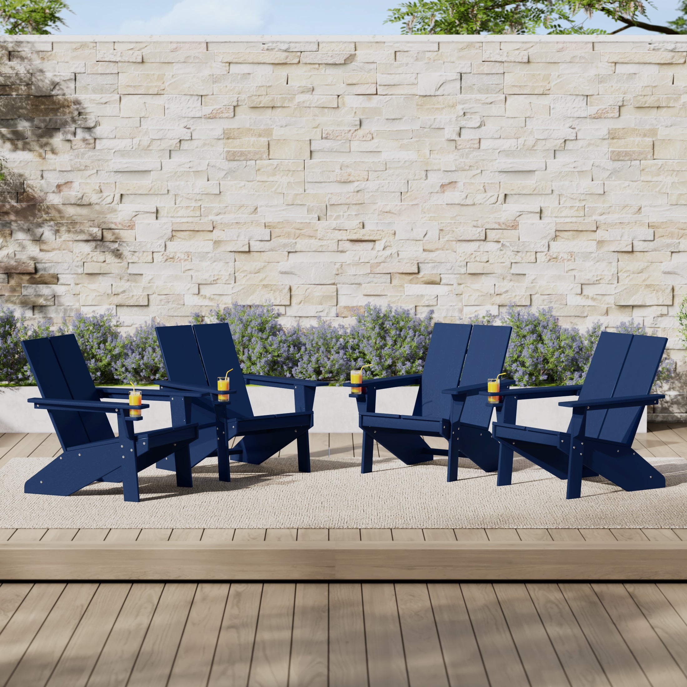 Riviera Outdoor HDPE Modern Adirondack Chair with Cup Holder (Set of 4)