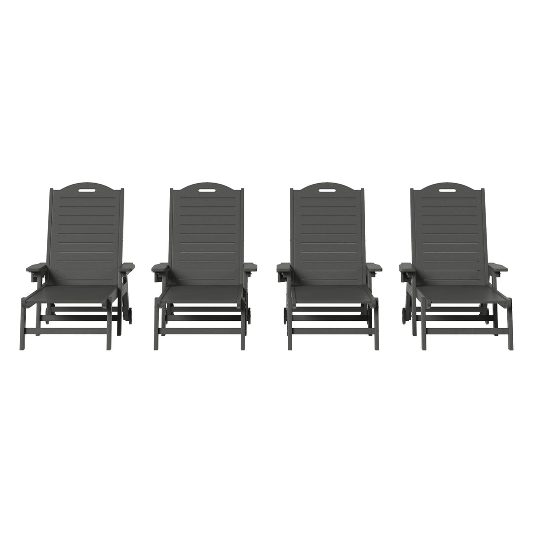 Aruba Outdoor HDPE Patio Chaise Lounges With Wheels & Cup Holder (Set of 4)