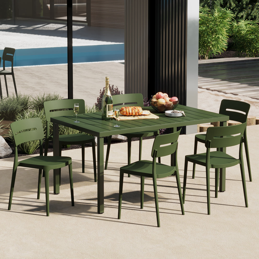 Playa 7-Piece Outdoor Rectangular Metal Patio Dining Table Set With Stackable Patio Chairs