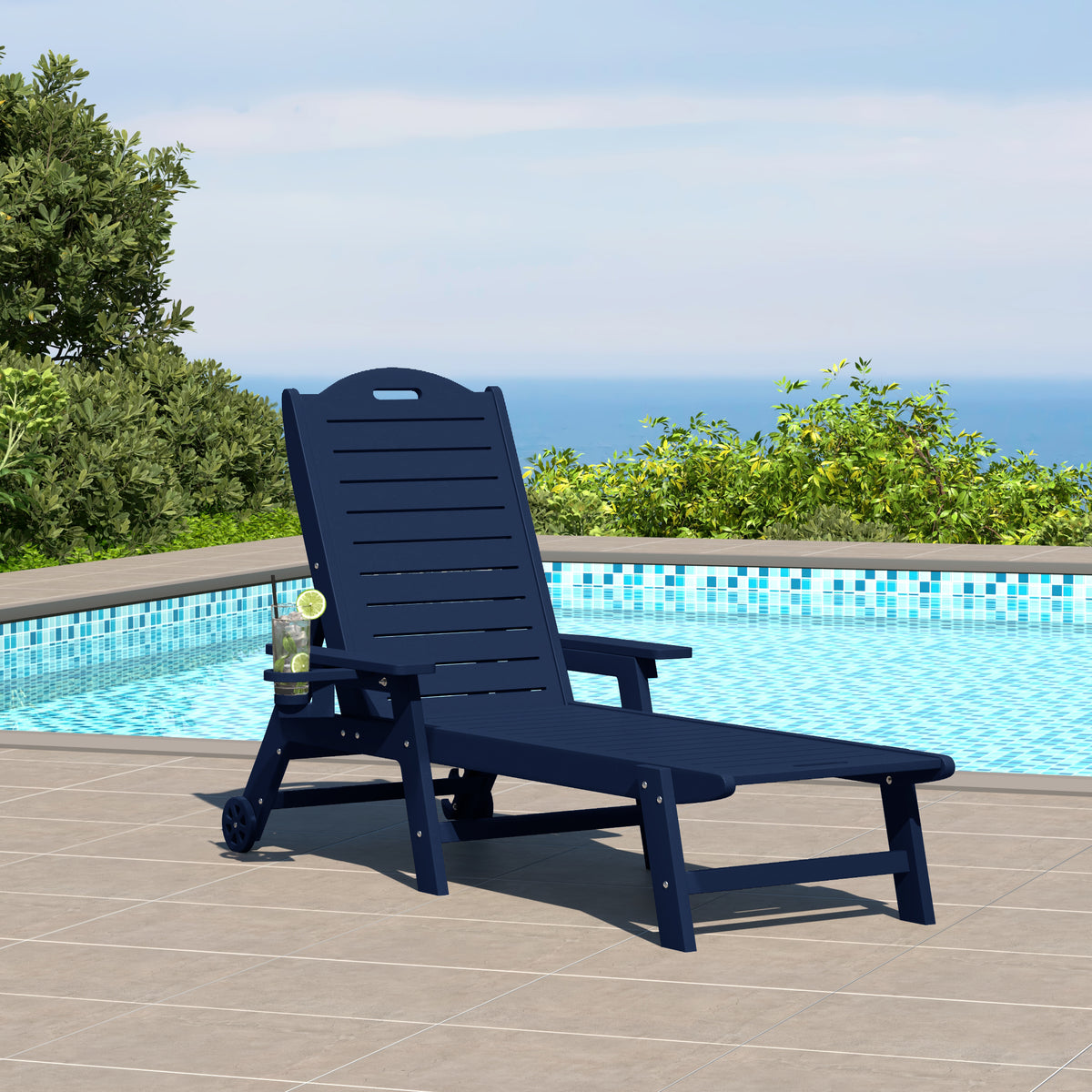 Aruba chaise lounge in Navy Blue styled outdoors