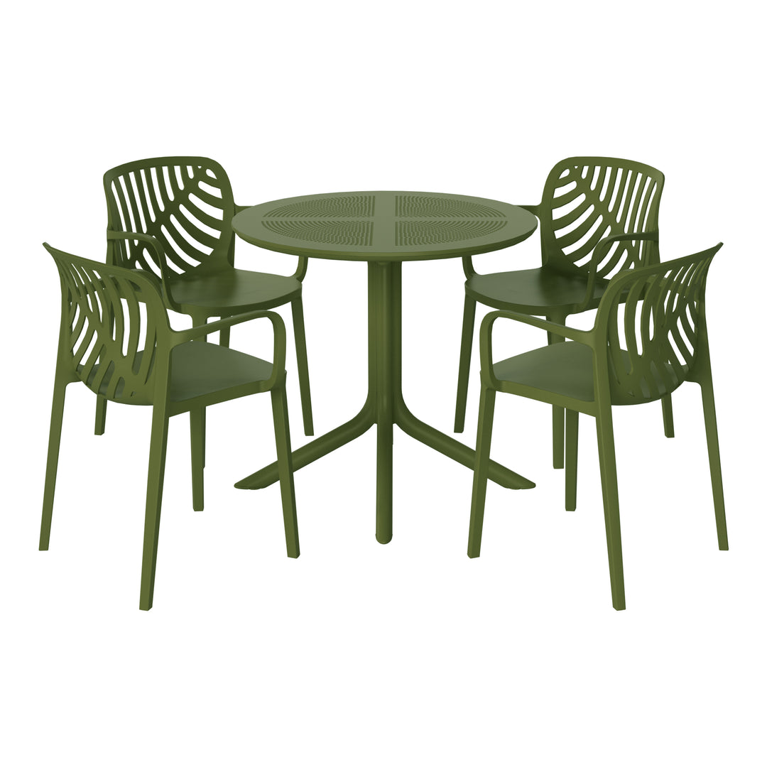 Playa 5-Piece Outdoor Resin Round Patio Dining Table Set with Modern Stackable Patio Dining Chairs