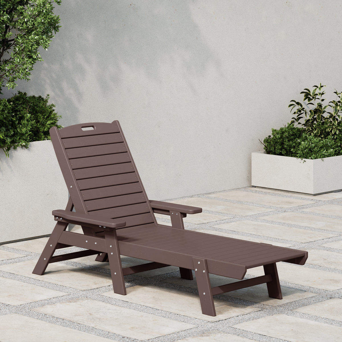 Malibu reclining chaise lounge in Dark Brown styled outdoors