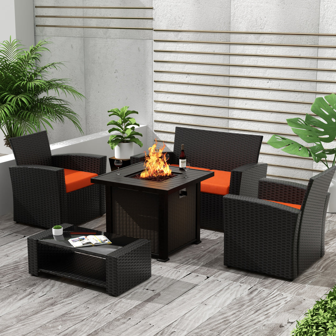 Coastal 4-Piece Black Outdoor Patio Conversation Sofa Set with Square Fire Pit Table