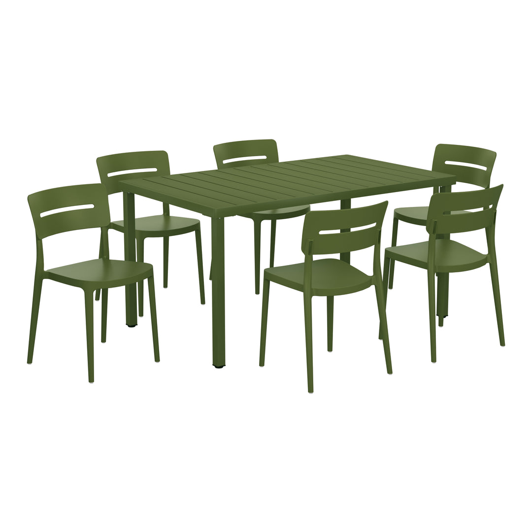 Playa 7-Piece Outdoor Rectangular Metal Patio Dining Table Set With Stackable Patio Chairs