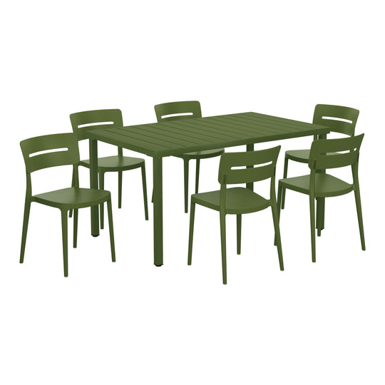 Playa 7-Piece Outdoor Rectangular Metal Patio Dining Table Set With Stackable Patio Chairs