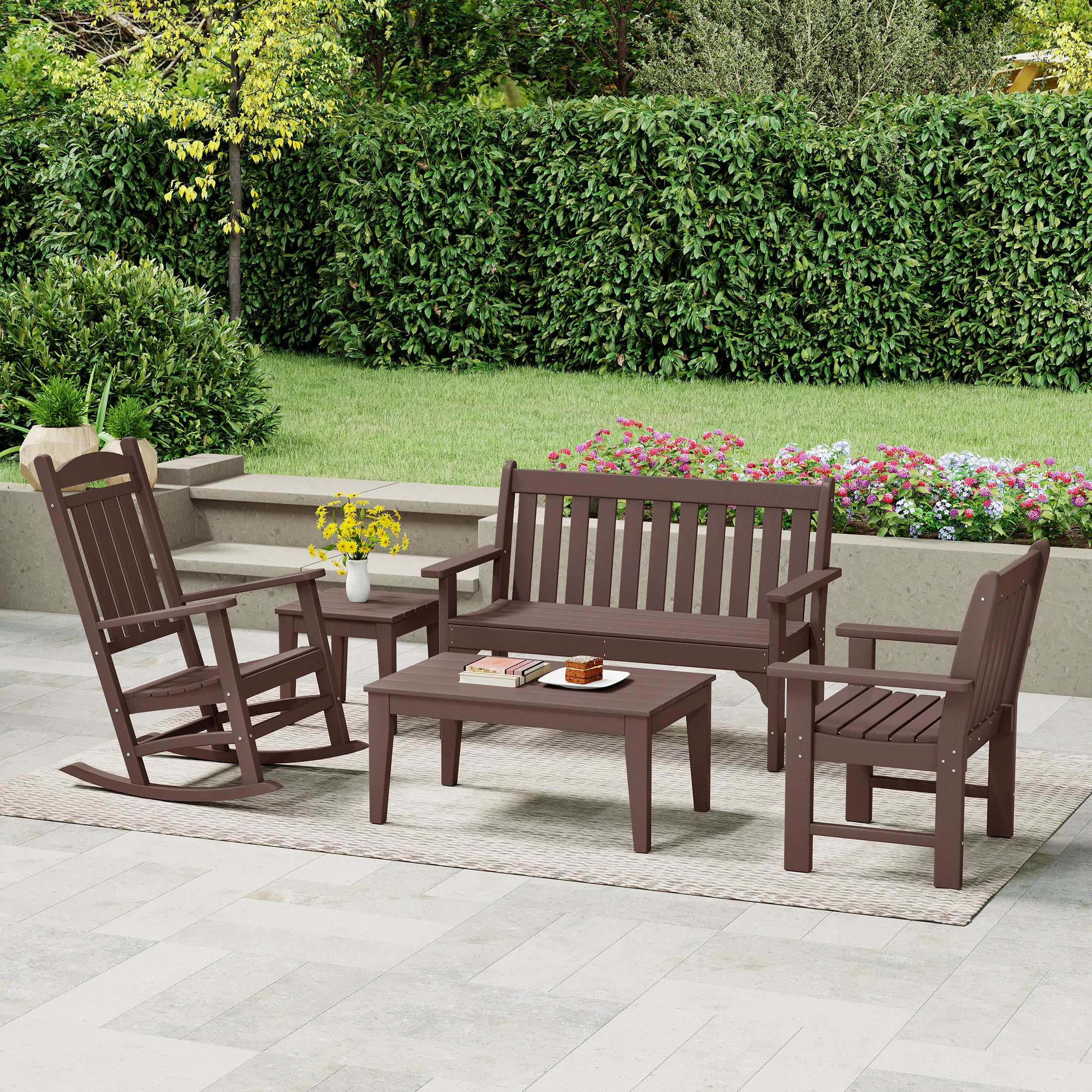 Malibu 5-Piece HDPE Outdoor Patio Furniture Couch and Rocking Chair Set