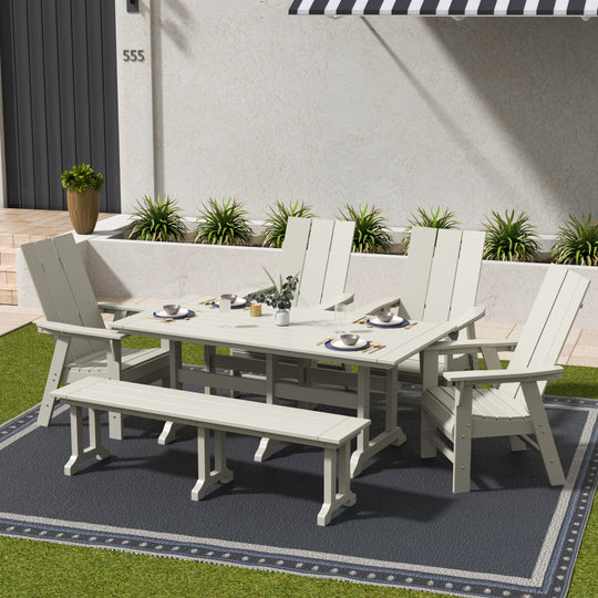 Ashore 6 Piece Outdoor Patio Rectangle Dining Table and Dining Bench Modern Armchair Set