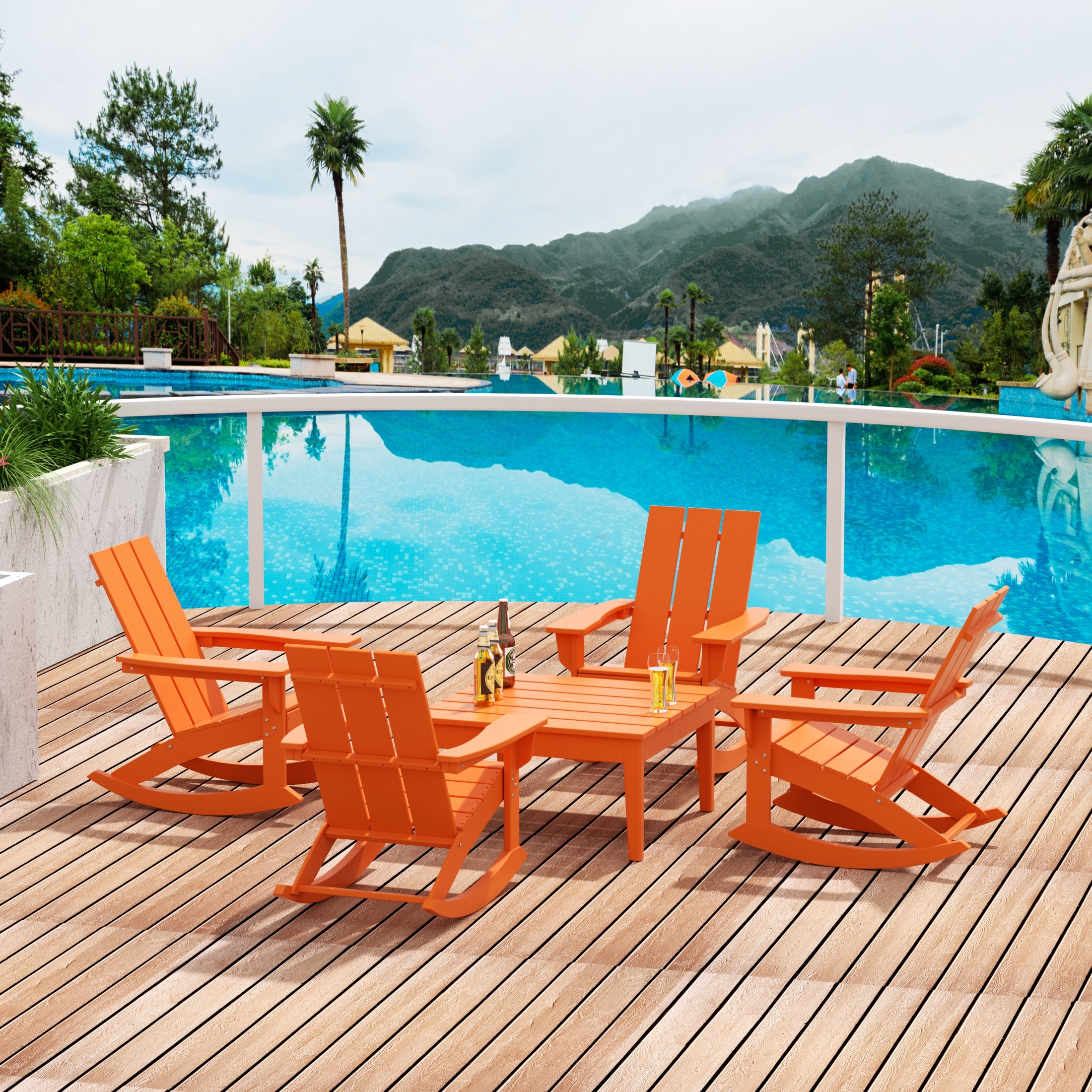 Ashore 5-Piece Set Modern Plastic Outdoor Rocking Chairs with Square Side Table