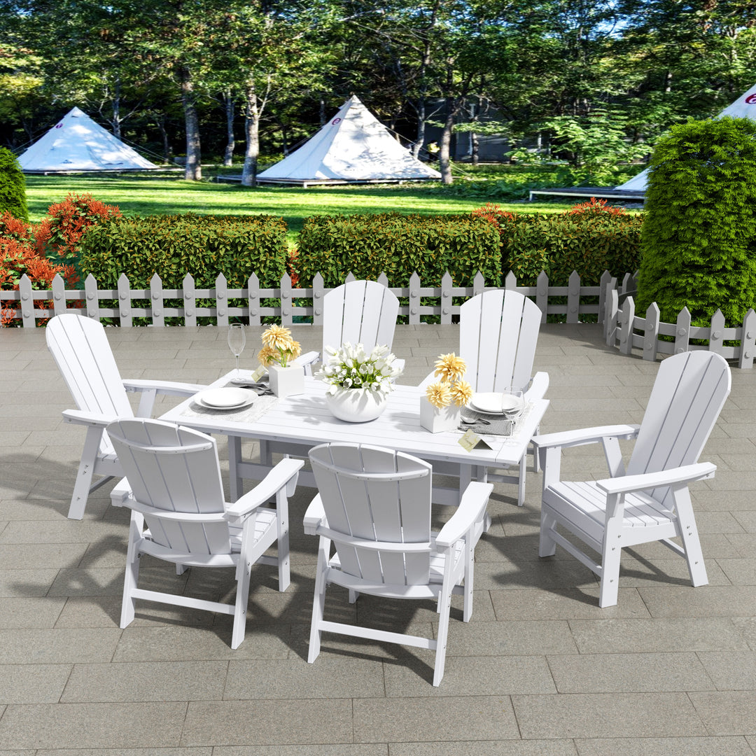 Malibu 7 Piece Outdoor Patio Dining Table and Adirondack Armchair Set