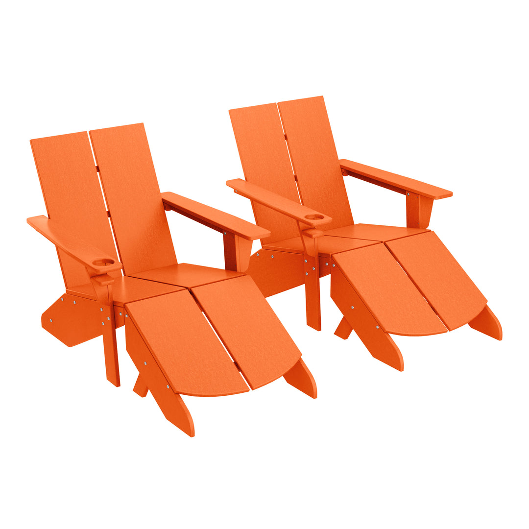 Riviera Outdoor 4-Piece HDPE Modern Adirondack Chairs Set with Folding Patio Ottomans and Cup Holder