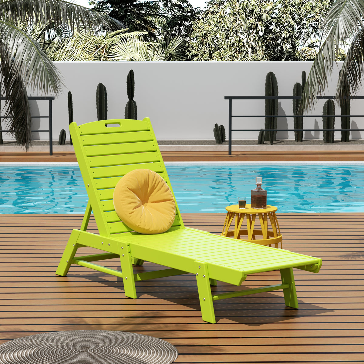 Malibu adjustable reclining chaise lounge in Lime styled outdoors