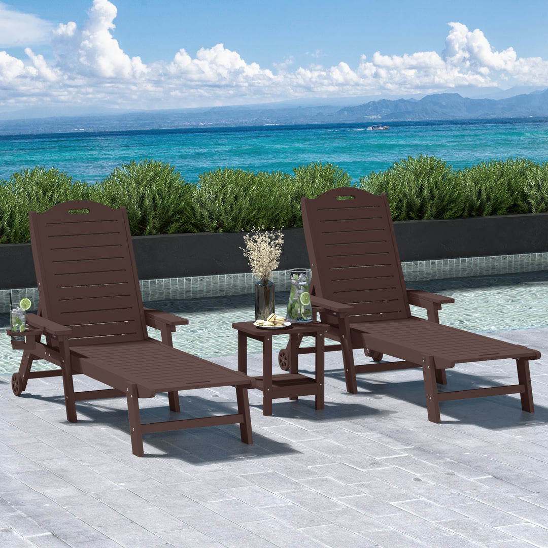Aruba 3-Piece Outdoor Patio Chaise Lounge Chair with Wheels & Cup Holder with Patio Side Table