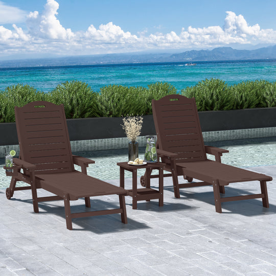 Aruba 3-Piece Outdoor Patio Chaise Lounge Chair with Wheels & Cup Holder with Patio Side Table