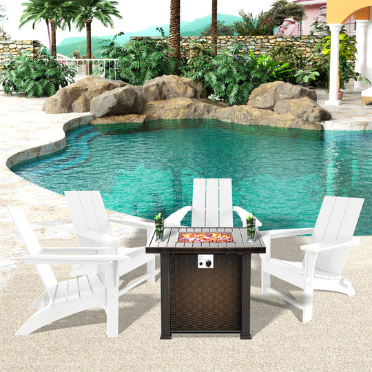 Ashore Modern Folding Poly Adirondack Chair With Square Fire Pit Table Set