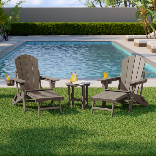 Malibu 3-Piece Outdoor Folding Adjustable Adirondack Chair with Cup Holder & Hideaway Ottoman and 18" Side Table