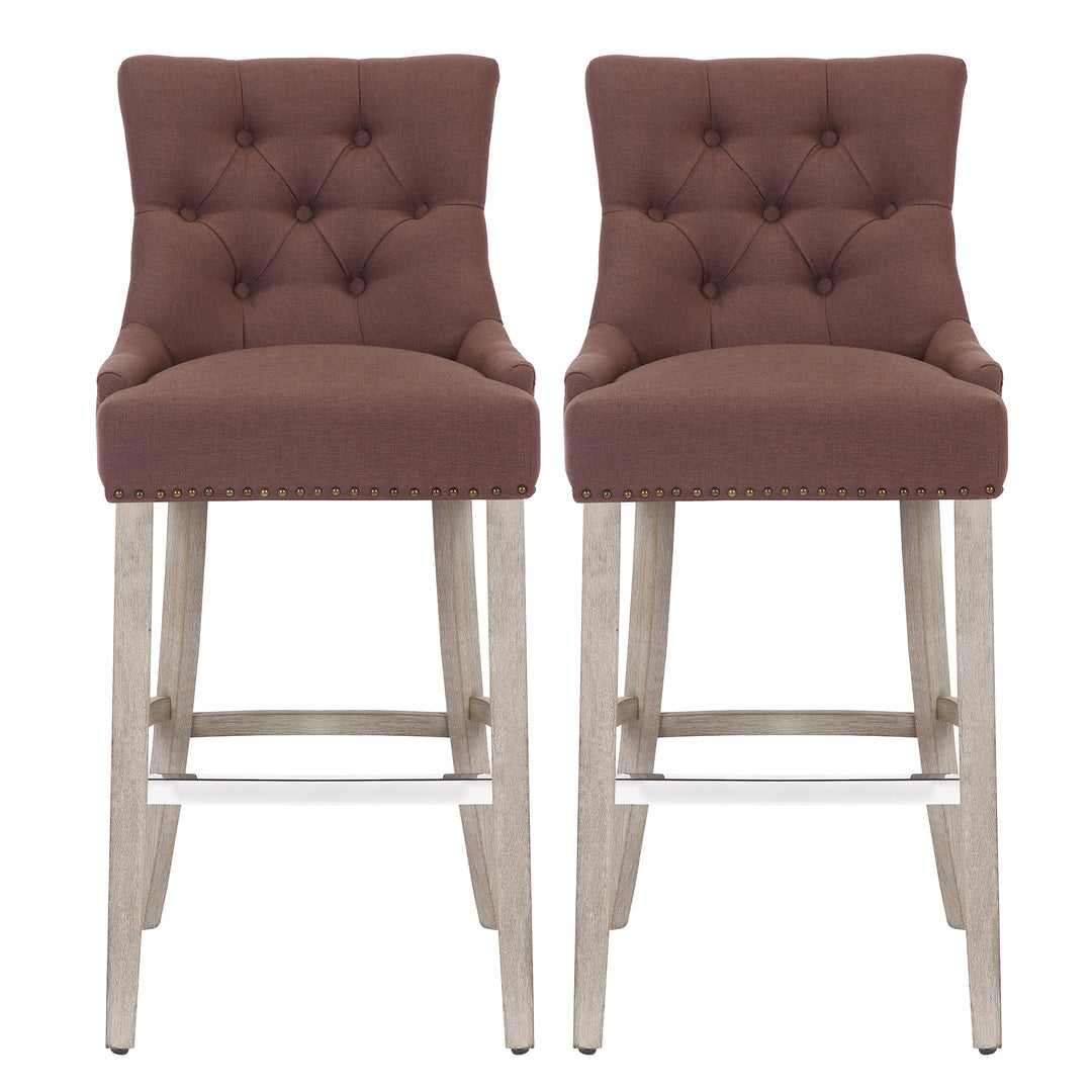 Hayes 29" Upholstered Tufted Wood Bar Stool (Set of 2), Antique Gray