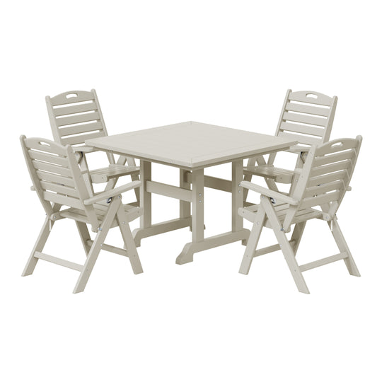 Malibu 5-Piece HDPE Square Patio Dining Table Set with Foldable Chairs