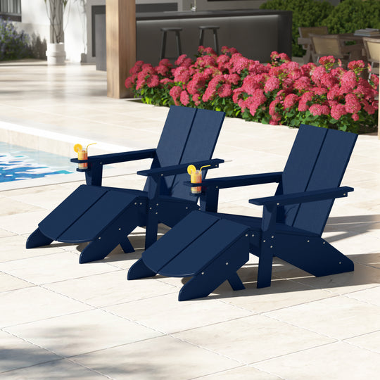 Riviera Outdoor 4-Piece HDPE Modern Adirondack Chairs Set with Folding Patio Ottomans and Cup Holder
