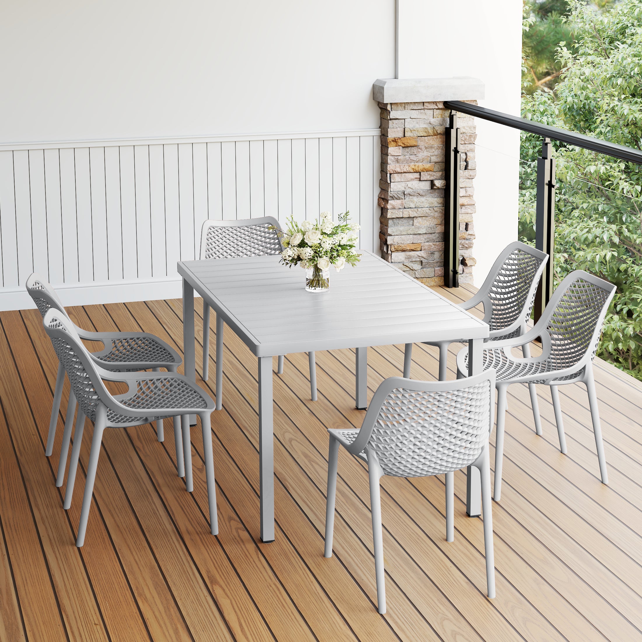 Playa 7-Piece Outdoor Metal Patio Dining Table Set With Stackable Patio Chairs