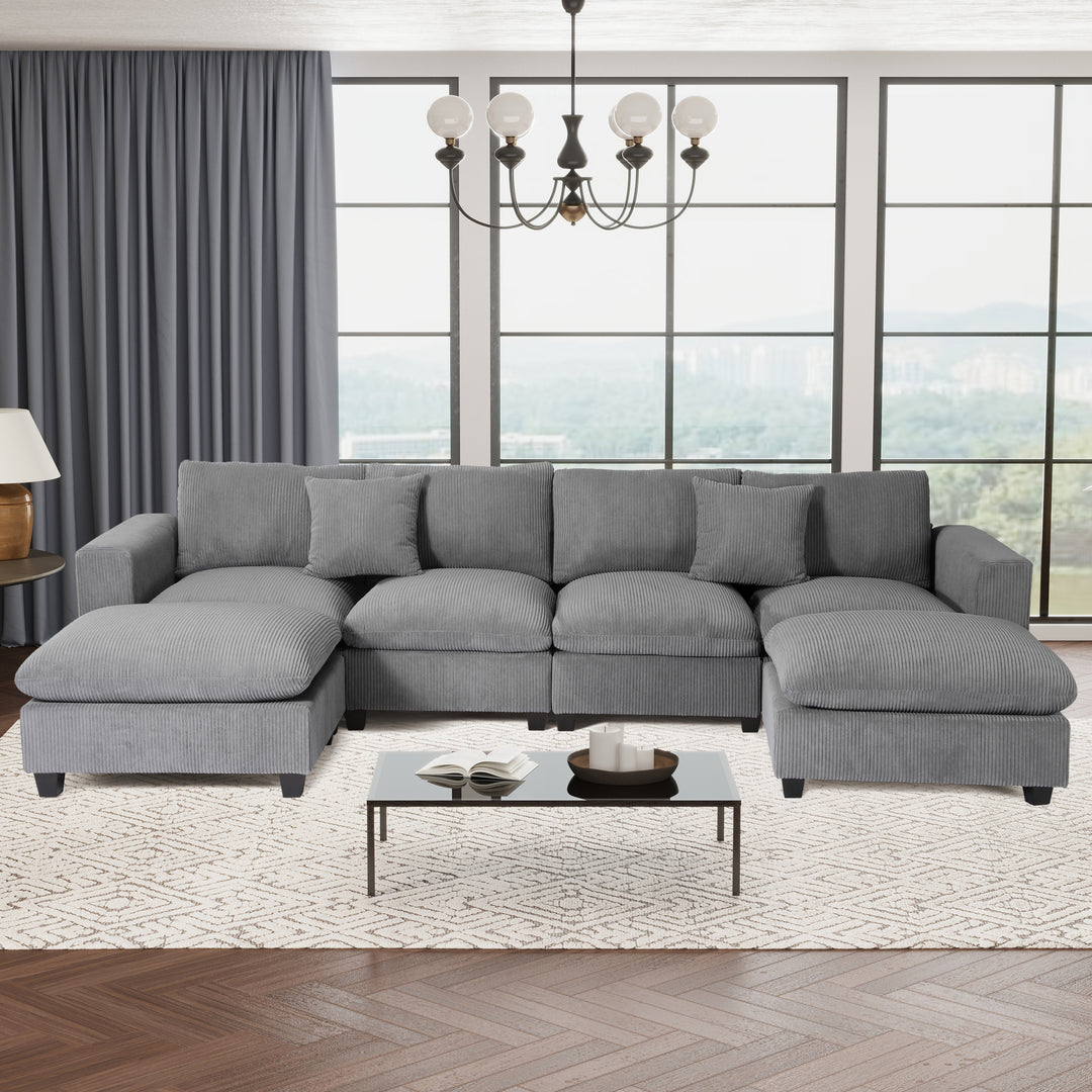 Hearthside 128" Corduroy Modular U-Shaped Sectional Couch and Chaise With USB/Type-C Ports and Side Pockets