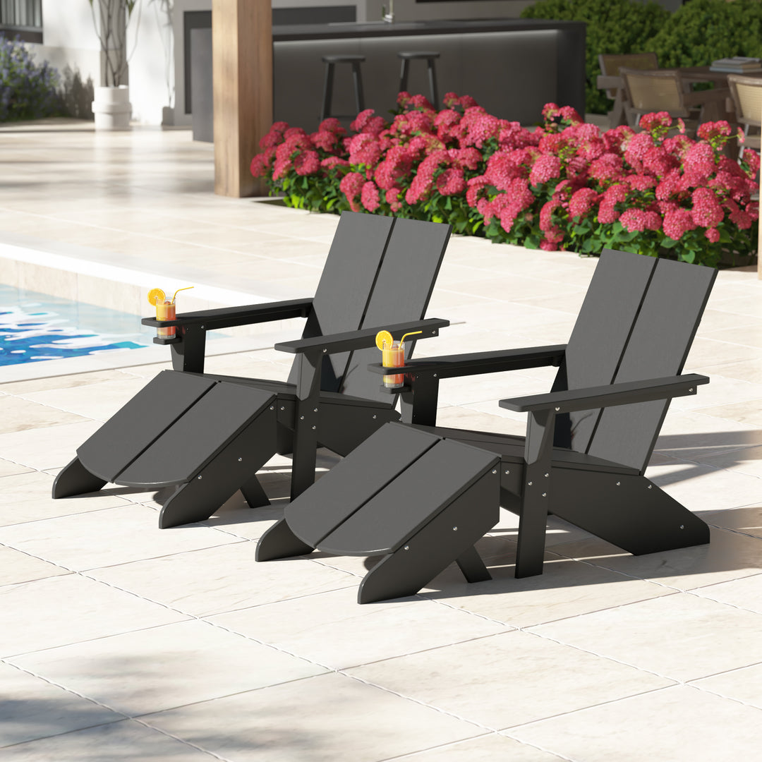 Riviera Outdoor 4-Piece HDPE Modern Adirondack Chairs Set with Folding Patio Ottomans and Cup Holder