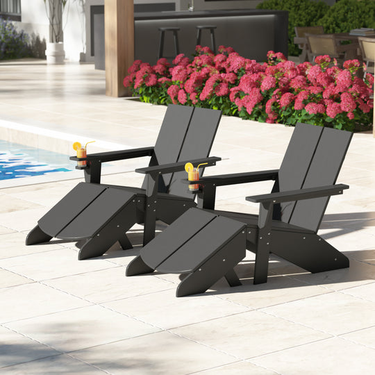 Riviera Outdoor 4-Piece HDPE Modern Adirondack Chairs Set with Folding Patio Ottomans and Cup Holder