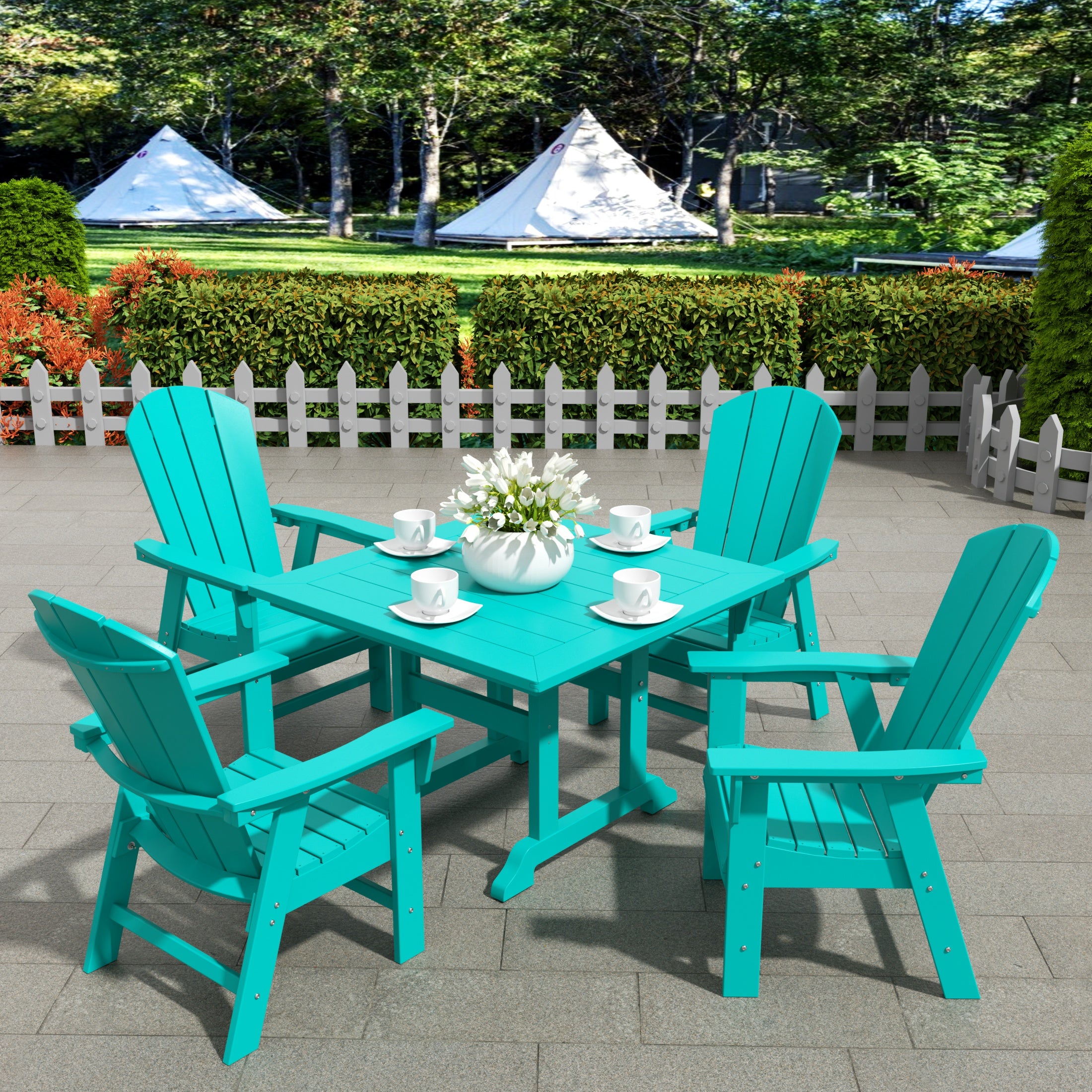 Malibu 5 Piece Outdoor Patio Dining Square Table and Curved Back Armchair Set