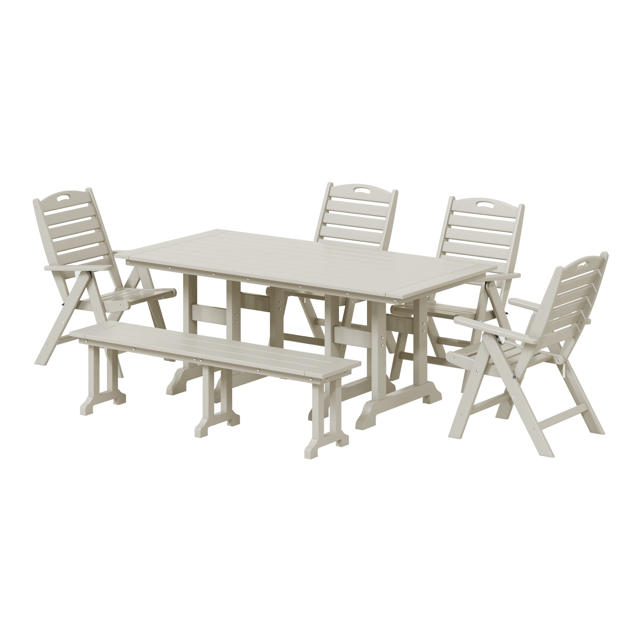 Malibu 6-Piece HDPE Rectangular Patio Dining Table Set with Foldable Chairs and Patio Bench