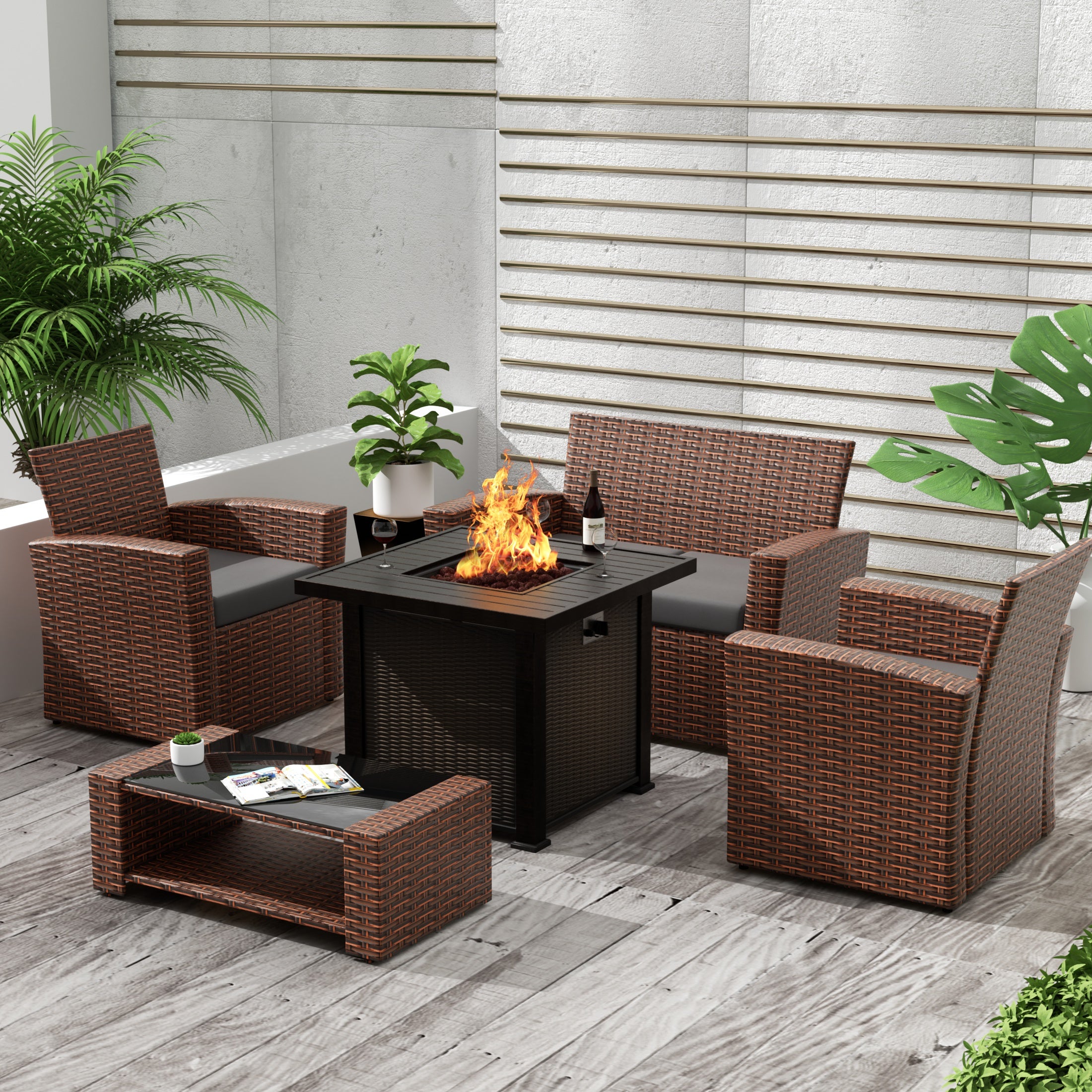 Coastal 4-Piece Conversation Outdoor Patio Sofa Set with Square Fire Pit Table, Brown