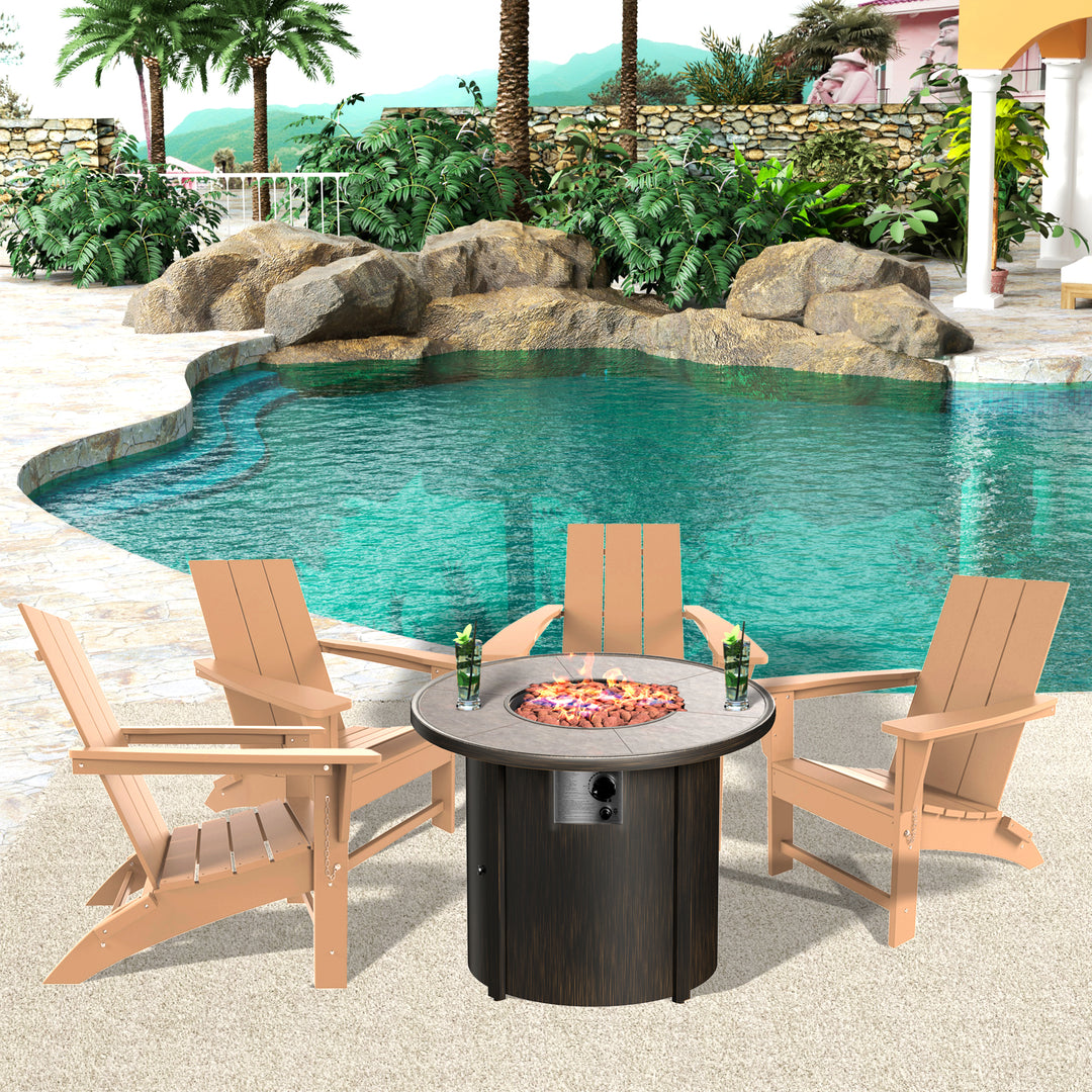 Ashore Modern Folding Poly Adirondack Chair With Round Fire Pit Table