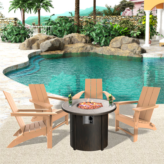 Ashore Modern Folding Poly Adirondack Chair With Round Fire Pit Table