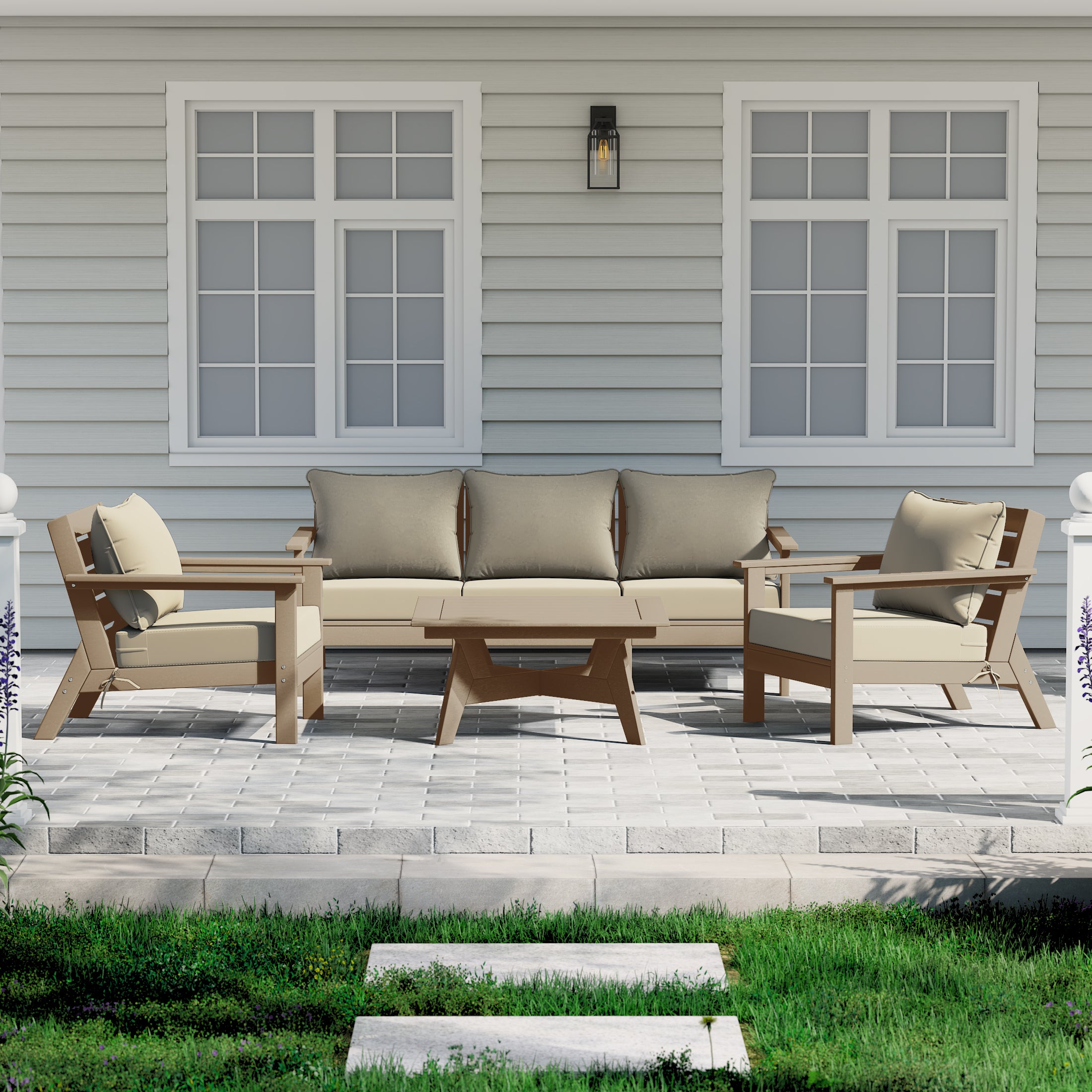Avalon Outdoor 6-Piece Modular Sectional Patio Furniture Sofa Set in Weathered Wood Color Frame