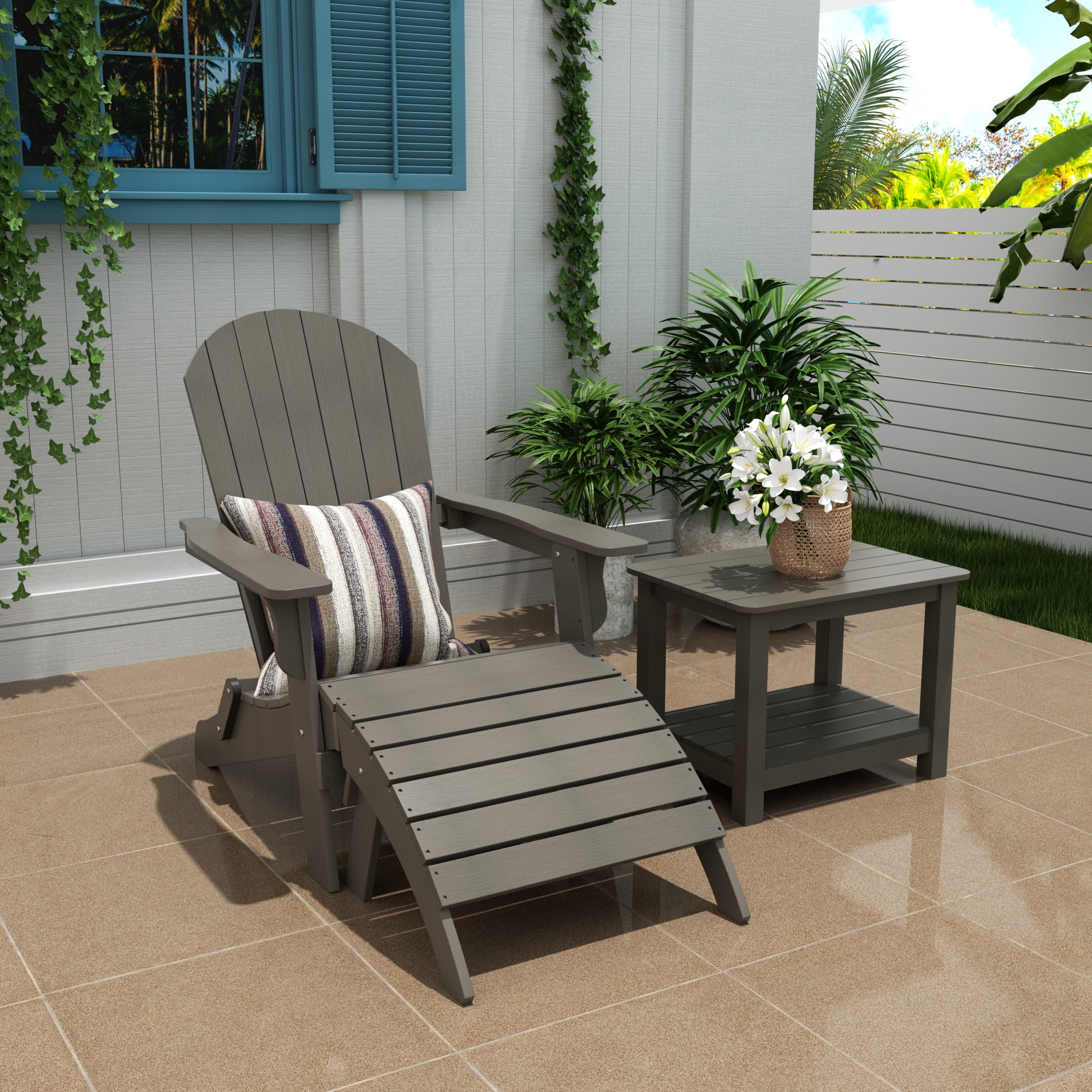 Tuscany 3-Piece HIPS Outdoor Folding Adirondack Seashell Chair With Folding Ottoman And Side Table