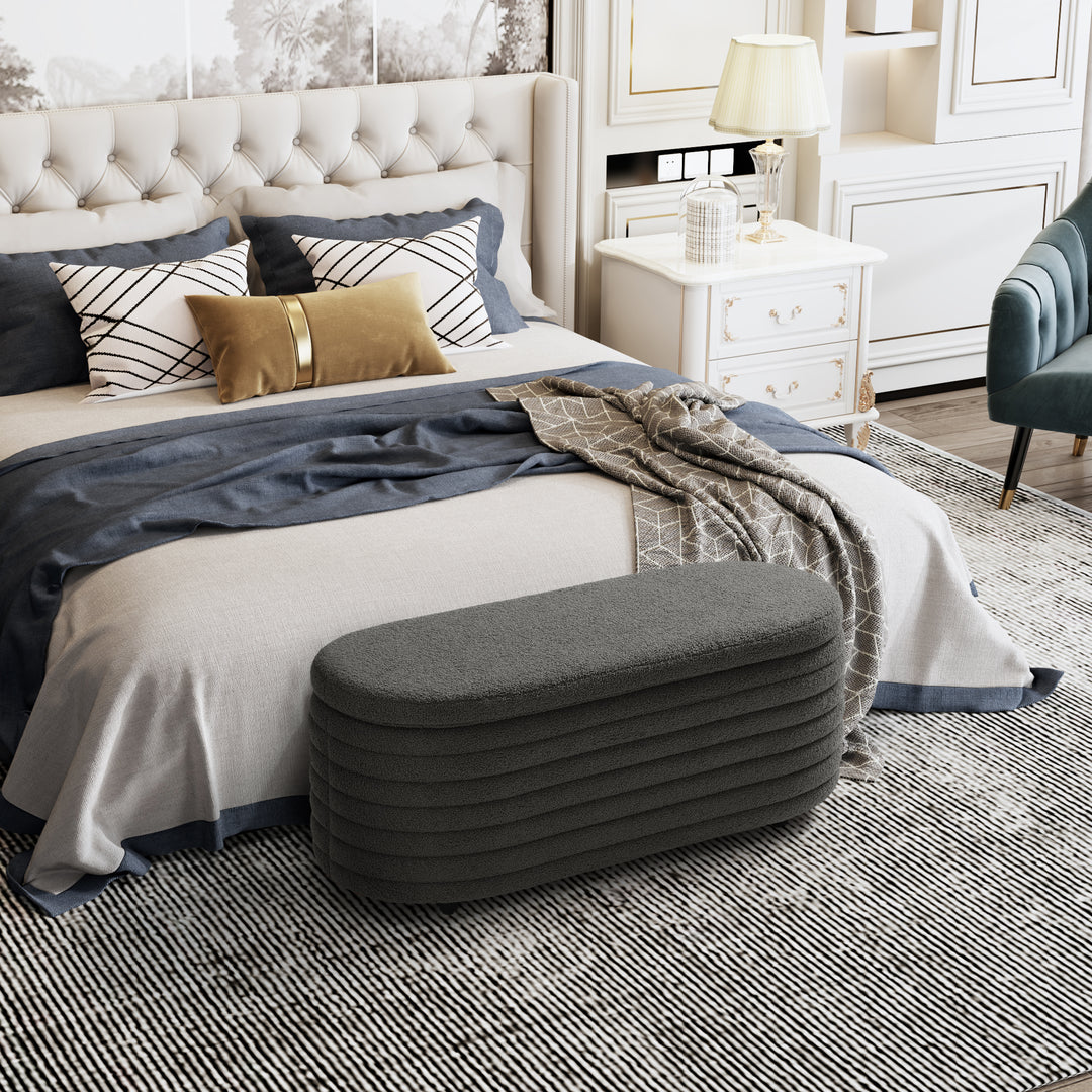 Alexandria 42" Wide Mid-Century Modern Upholstered Teddy Sherpa Tufted Oval Storage Ottoman Bench