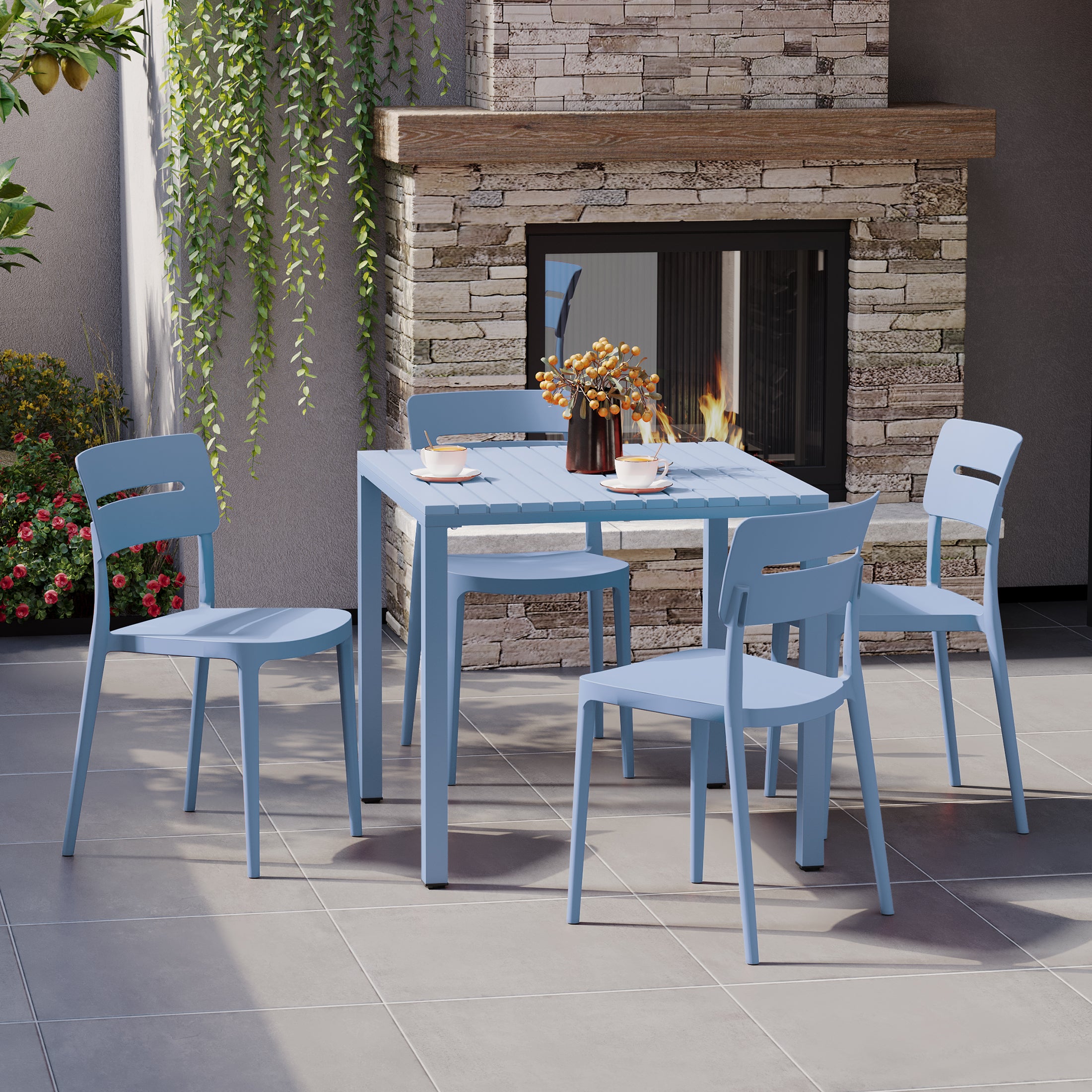 Playa 5-Piece Outdoor Metal Frame Dining Table Patio Set with Stackable Patio Dining Chairs