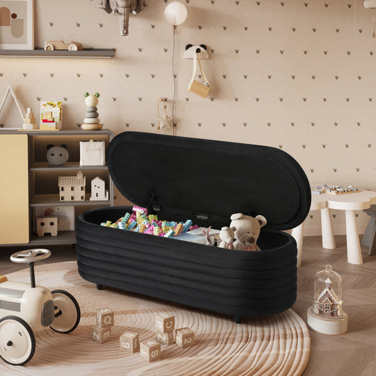 Phoebe 54" Wide Mid-Century Modern Upholstered Velvet Tufted Oval Storage Ottoman Bench