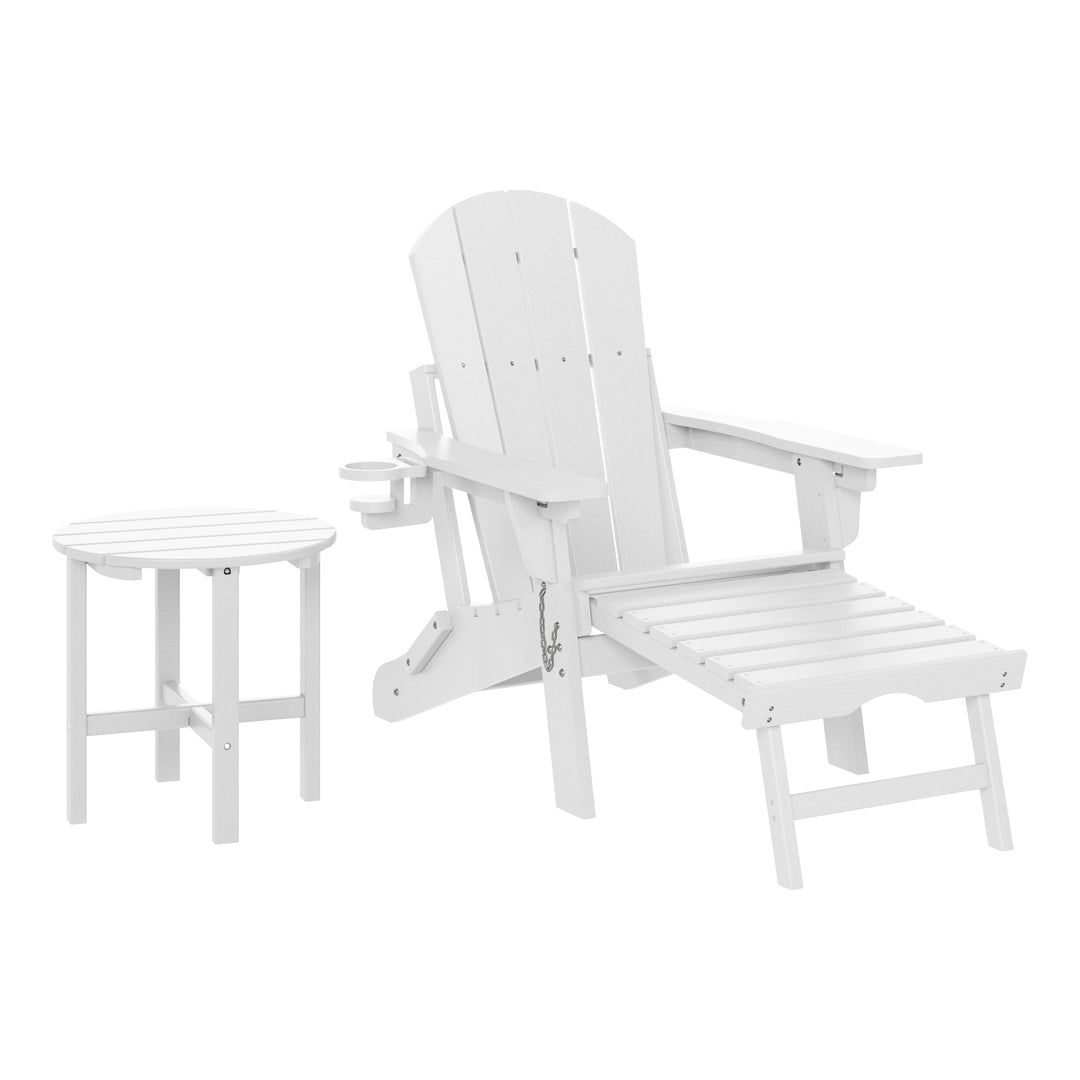 Malibu 2-Piece Outdoor Folding Adjustable Adirondack Chair with Cup Holder & Hideaway Ottoman and 18" Side Table
