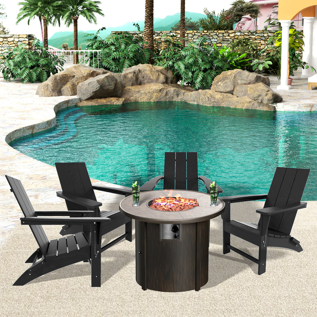 Ashore Modern Folding Poly Adirondack Chair With Round Fire Pit Table