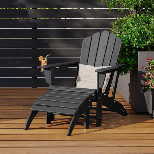Highland 2-Piece Outdoor Patio HDPE Adirondack Chair With Ottoman and Cup Holder Set