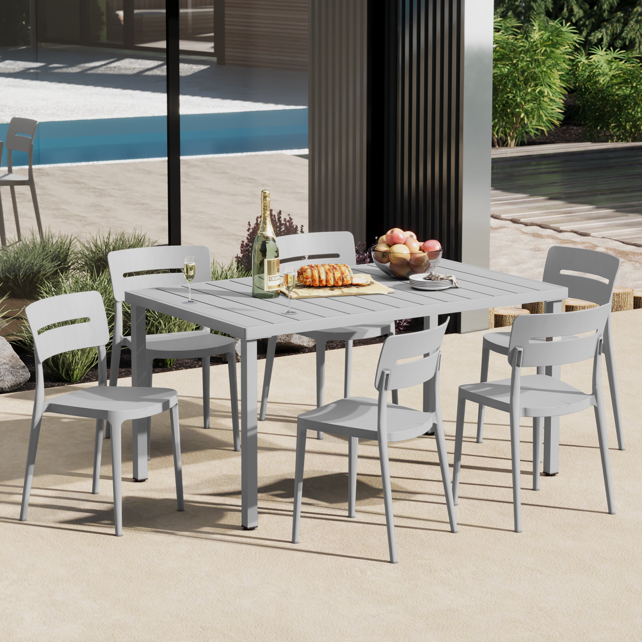 Playa 7-Piece Outdoor Rectangular Metal Patio Dining Table Set With Stackable Patio Chairs