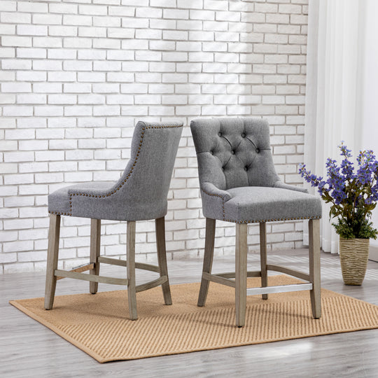 Hayes 24" Upholstered Tufted Wood Bar Stool (Set of 2), Antique Gray