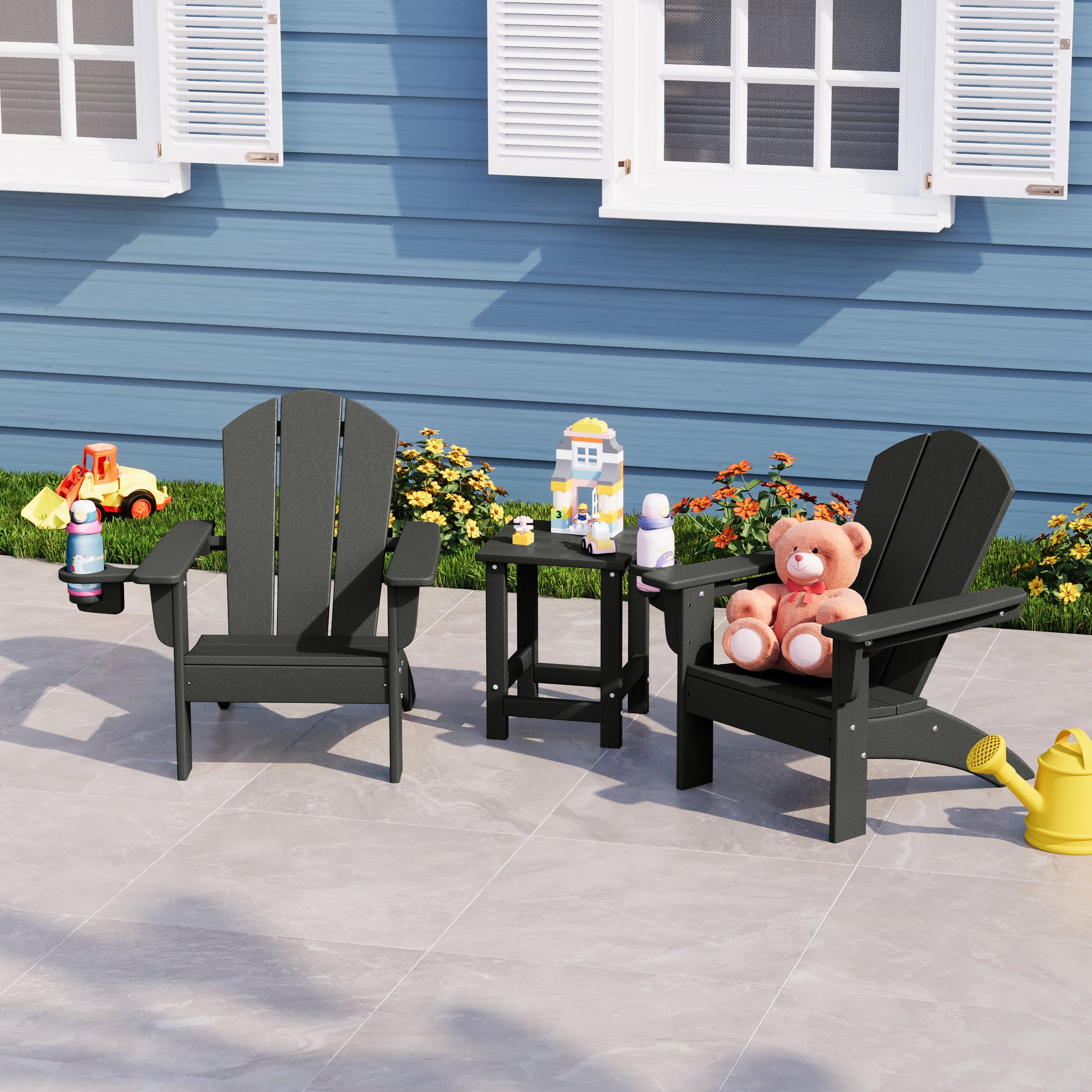 Malibu 3-Piece Kids HDPE Adirondack Chairs Set with Square Side Table and Cup Holders