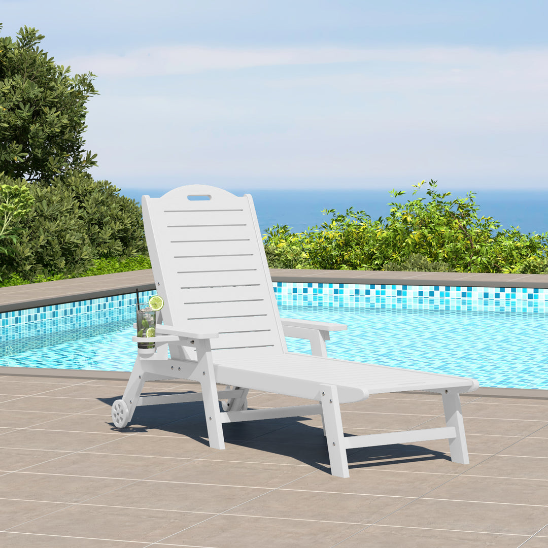 Aruba Outdoor HDPE Patio Chaise Lounge With Wheels & Cup Holder