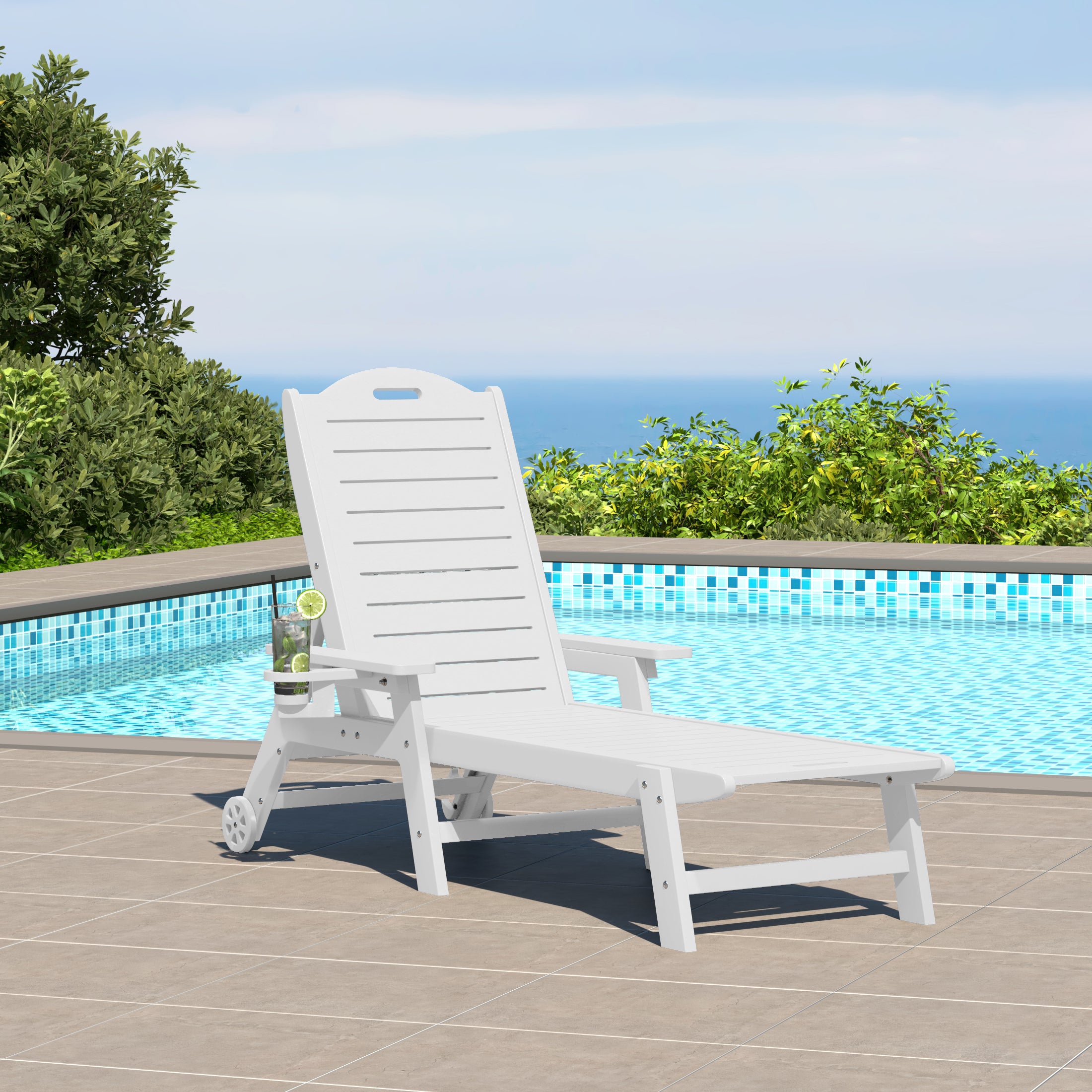 Aruba Outdoor HDPE Patio Chaise Lounge With Wheels & Cup Holder