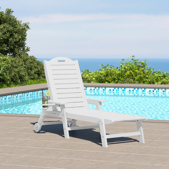 Aruba Outdoor HDPE Patio Chaise Lounge With Wheels & Cup Holder