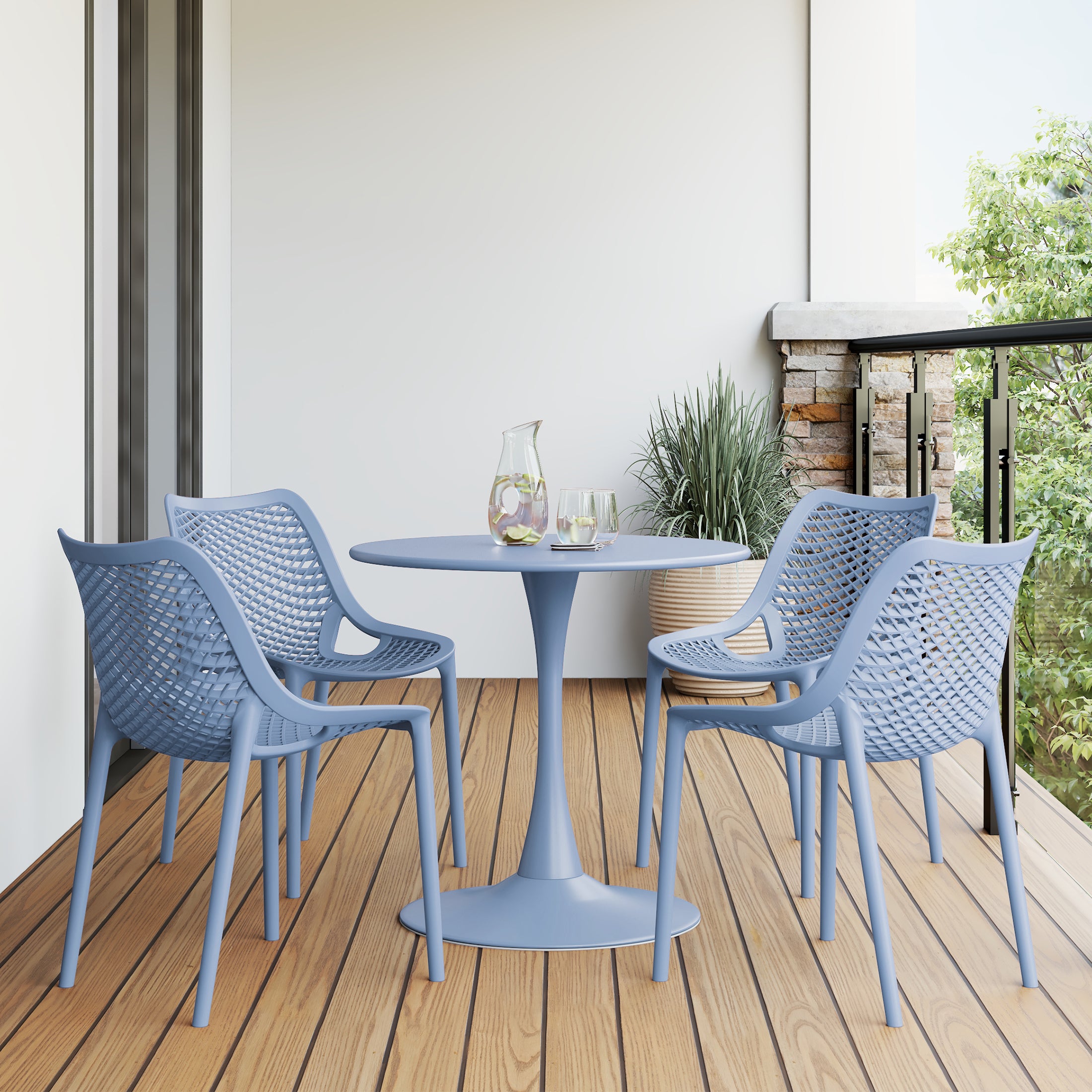 Playa 5-Piece Outdoor Indoor Round Metal Dining Table Set And Stackable Resin Patio Dining Side Chairs