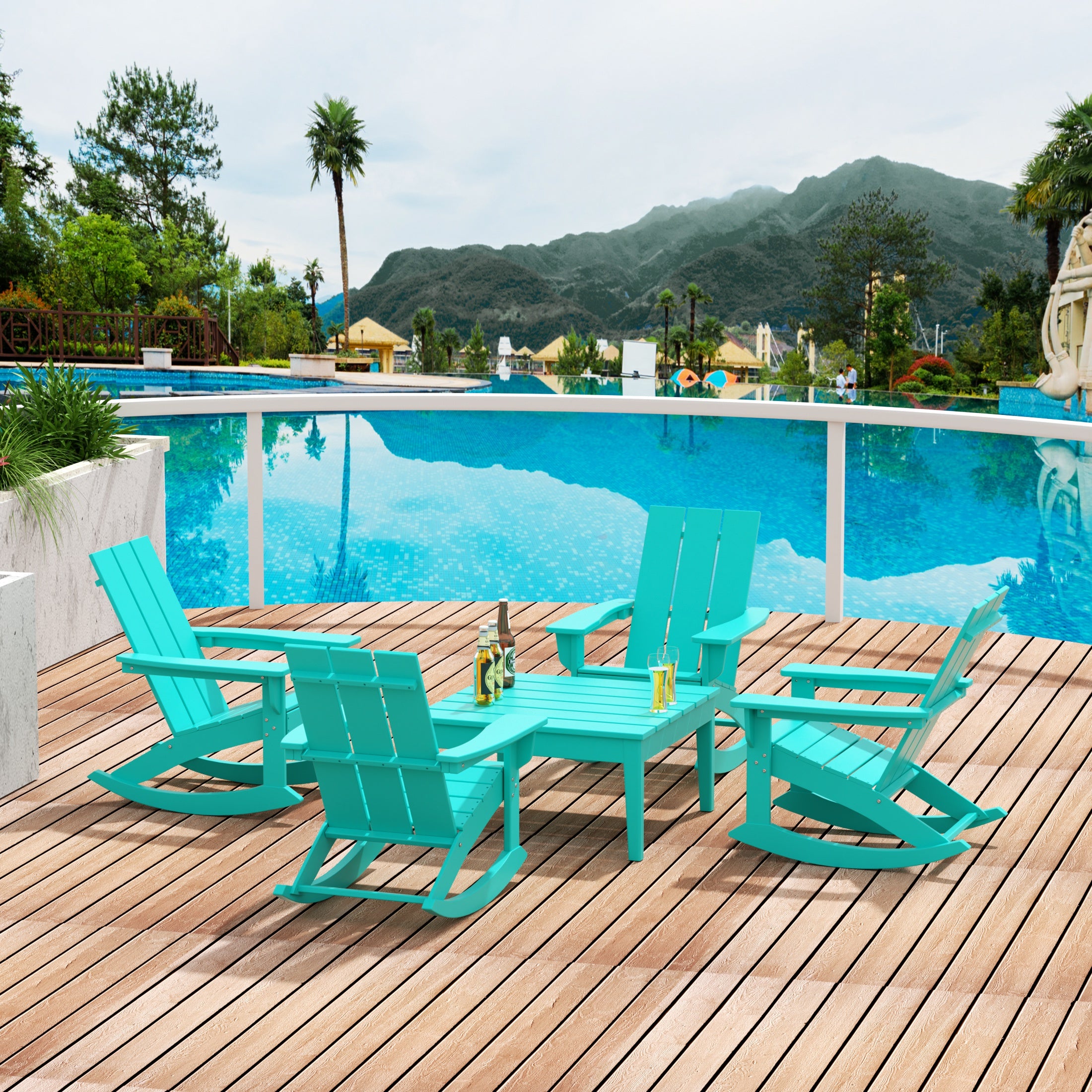 Ashore 5-Piece Set Modern Plastic Outdoor Rocking Chairs with Square Side Table
