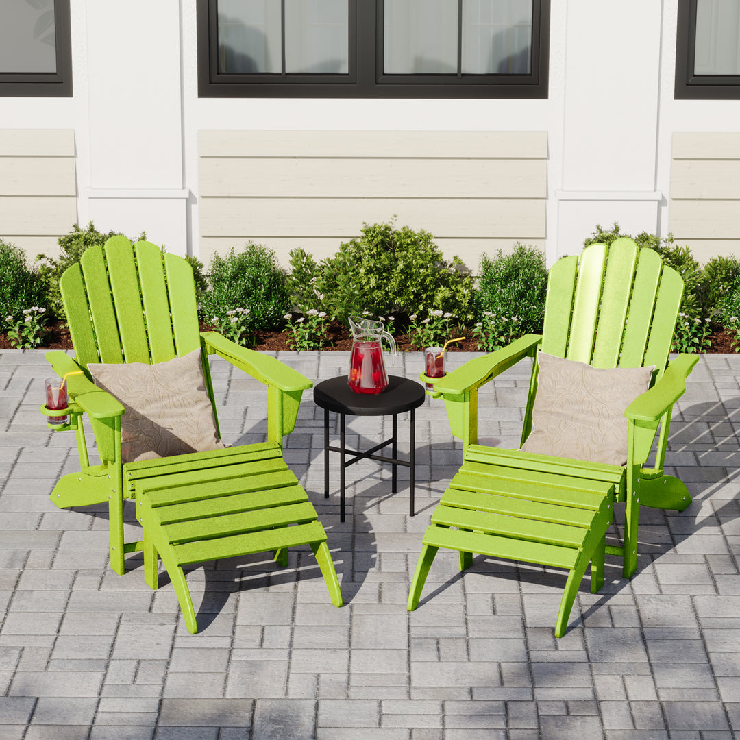 Highland 4-Piece Outdoor Patio HDPE Adirondack Chairs With Ottomans and Cup Holder Set